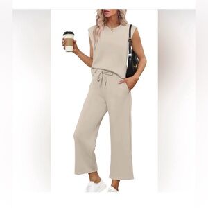 Sampeel Beige Soft Sleeveless Top and Pants Loungewear Athleisure Set Size M